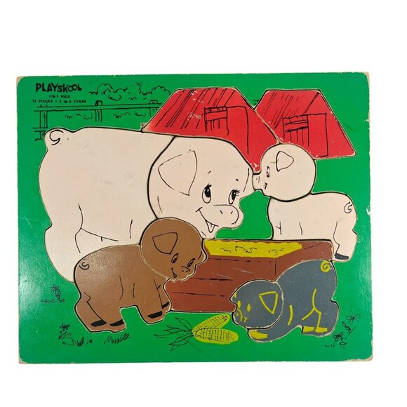 Vintage Playskool Wooden Puzzle Mama Pig with Piglets Complete 60s 70s - Picture 1 of 5